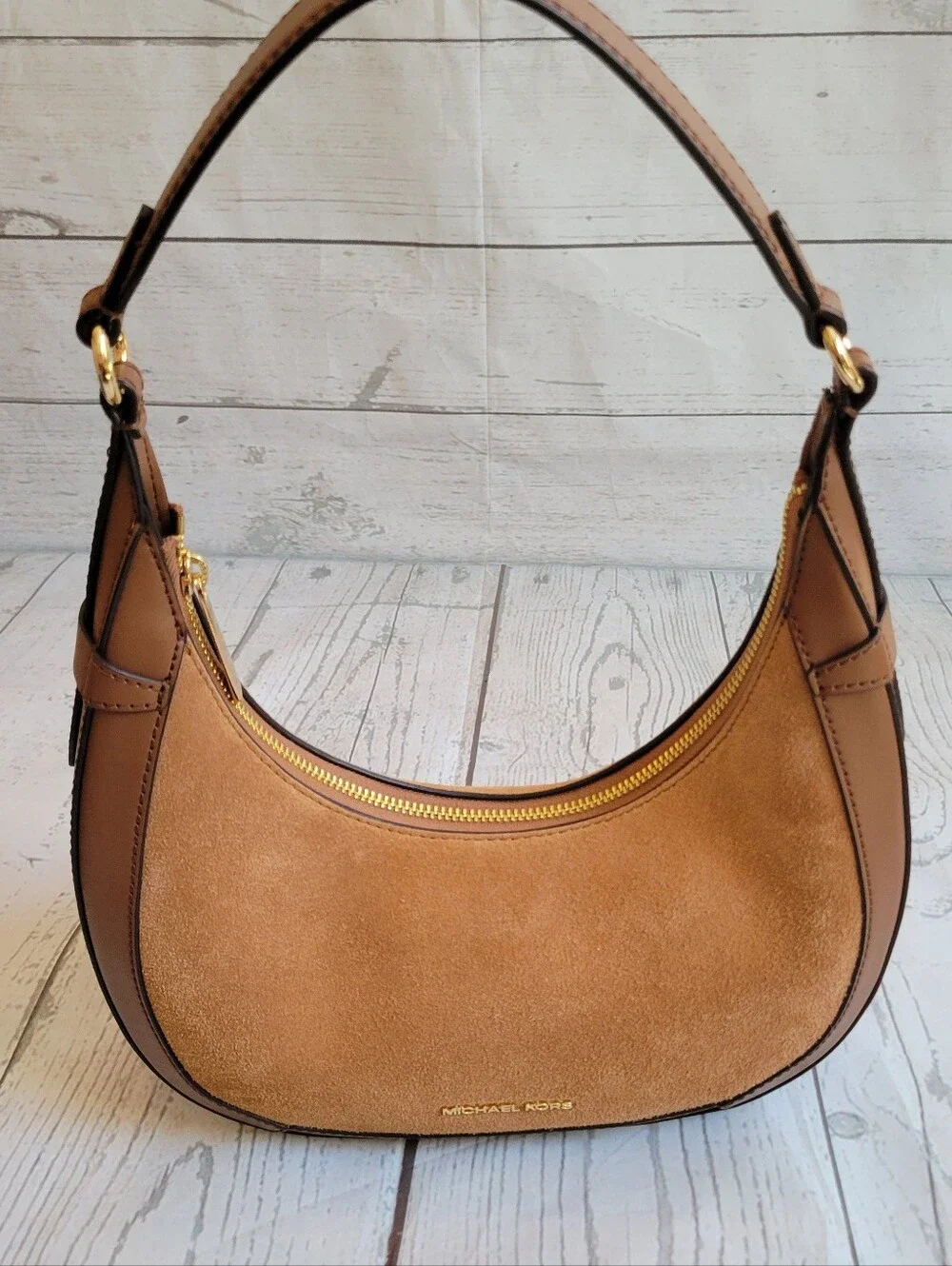 Michael Kors Tan Preston Suede and Leather Crescent Shoulder Bag - Picture 5 of 9
